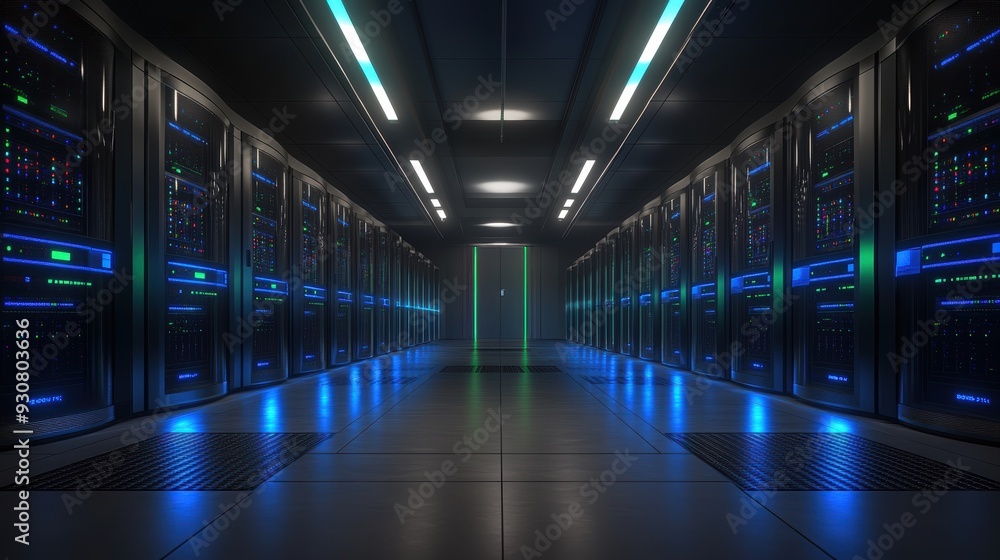 Fototapeta premium Server room corridor with rows of illuminated racks in a cool blue tone, emphasizing data processing and storage technology.