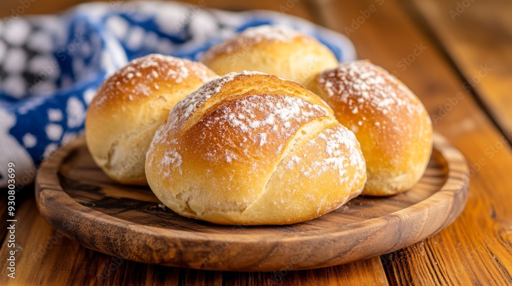 A plate of four small, round, powdered doughnuts sits on a wooden table A plate of four small, round, powdered doughnuts sits on a wooden table