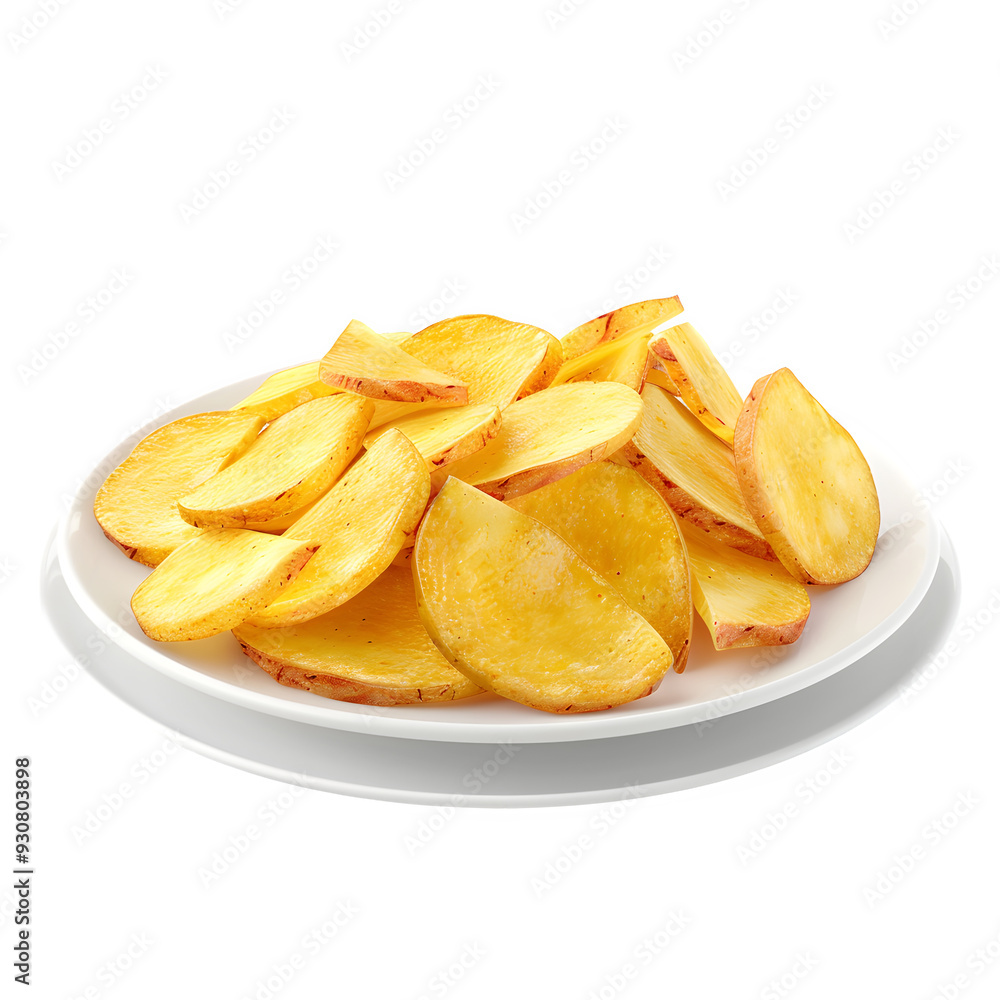 Plate of golden, crispy bulgarian potato slices displayed on a white plate with a transparent background, ideal for food-related designs and presentations Plate of golden, crispy bulgarian potato slices displayed on a white plate with a transparent background, ideal for food-related designs and presentations