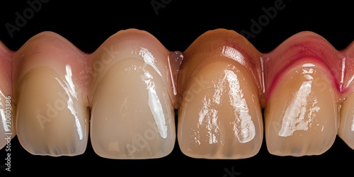 Discoloration preparation for dental crown before after dental all ceramic crown on left upper central and lateral incisor tooth
