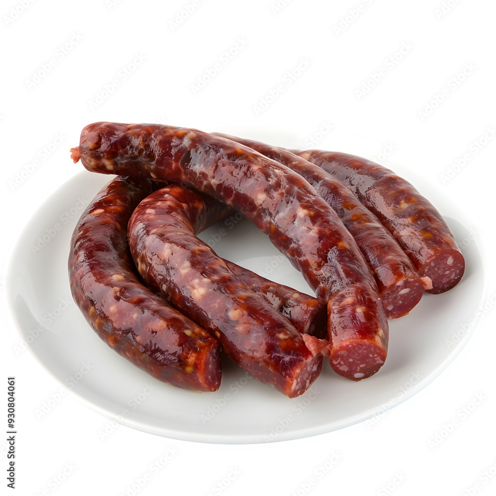 Close-up of traditional bulgarian sausages arranged on a white plate, isolated on a transparent background, showcasing the rich texture and color of the meat Close-up of traditional bulgarian sausages arranged on a white plate, isolated on a transparent background, showcasing the rich texture and color of the meat