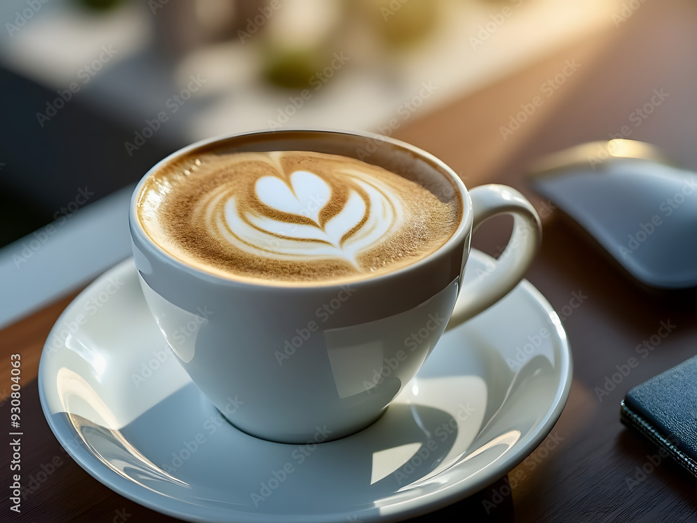 Latte Coffee Cup Saucer Sitting On a Desk Latte Coffee Cup Saucer Sitting On a Desk
