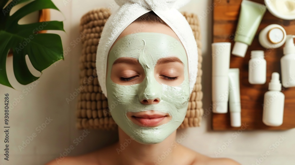 Beauty and skincare routine showcasing the application of a facial mask with organic products neatly arranged nearby Beauty and skincare routine showcasing the application of a facial mask with organic products neatly arranged nearby