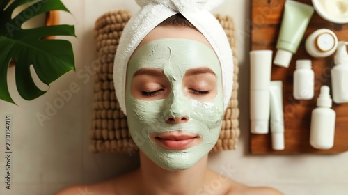 Beauty and skincare routine showcasing the application of a facial mask with organic products neatly arranged nearby