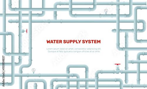 Plastic pipes frame. Water supply system. Faucet valves and pressure sensors. Curved tubes maze. Plumbing equipment. Sewerage repair. Intertwined pipeline border. Vector background