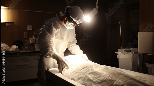 A skilled embalmer carefully prepares a deceased individual for a dignified viewing, showcasing their expertise in a well-lit workspace