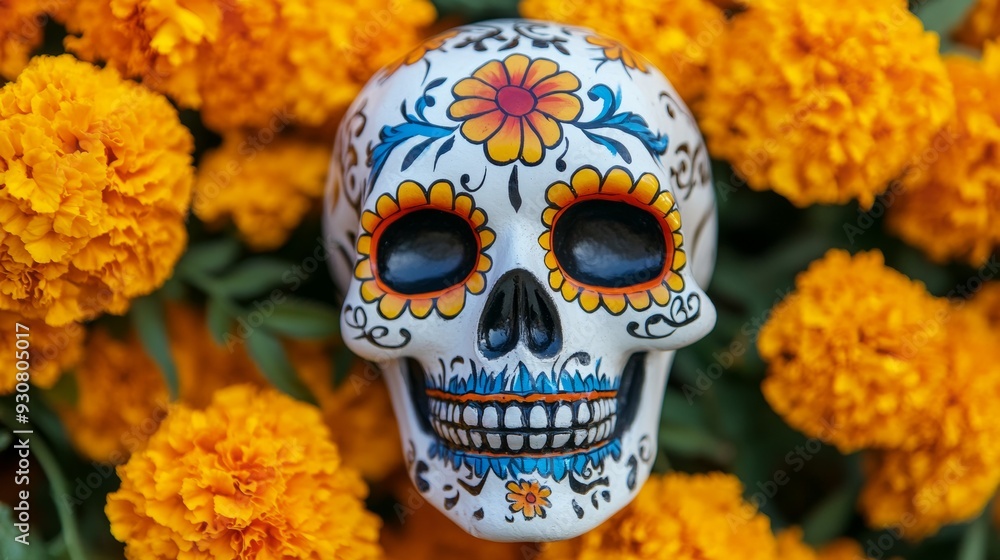 A skull with flowers surrounding it A skull with flowers surrounding it