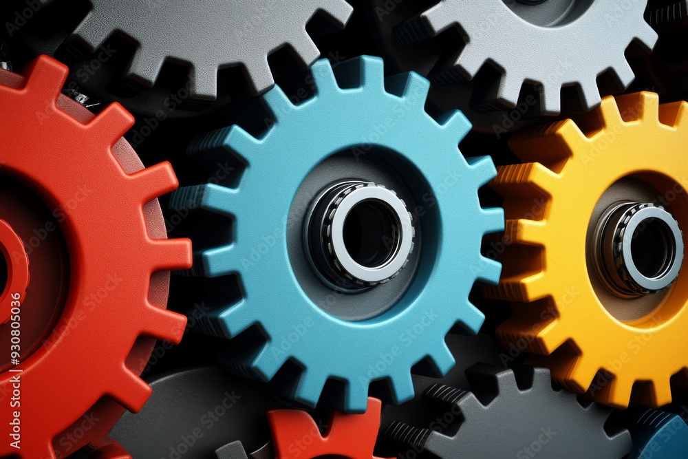 Colorful gears and cogs interlocking symbolizing teamwork and ...