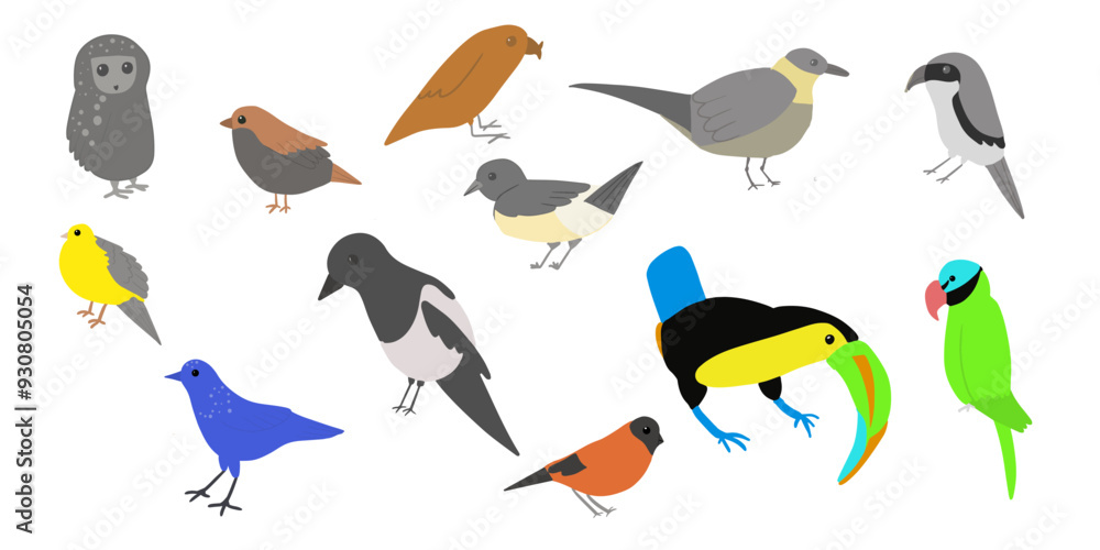 Set of birds. Vector cartoon illustration in childish style. Different birds. Images are isolated on white. Set of birds. Vector cartoon illustration in childish style. Different birds. Images are isolated on white.