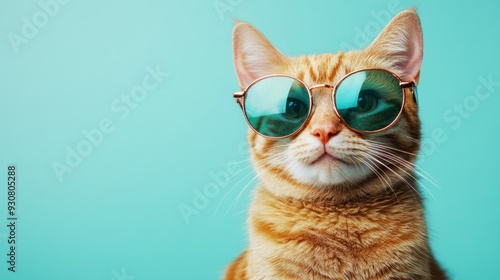 Orange Tabby Cat Wearing Sunglasses Against a Turquoise Background