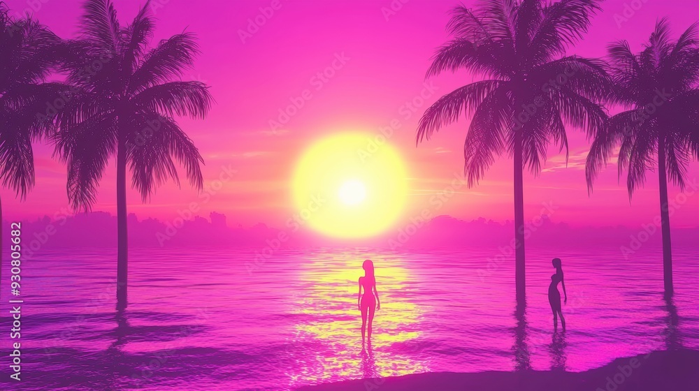 Pink Sunset Beach with Palm Trees and Silhouettes of Women Pink Sunset Beach with Palm Trees and Silhouettes of Women