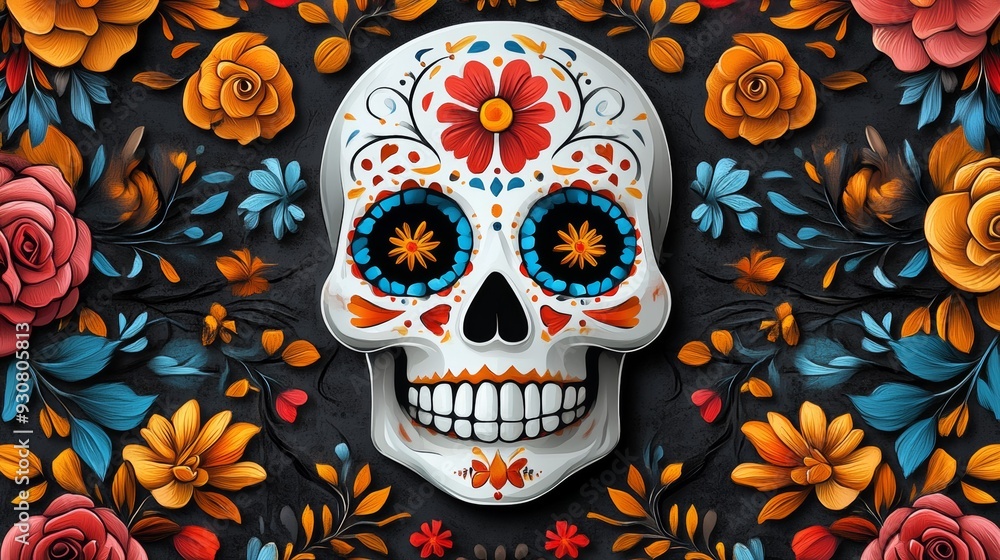 A skull with flowers and leaves surrounding it A skull with flowers and leaves surrounding it