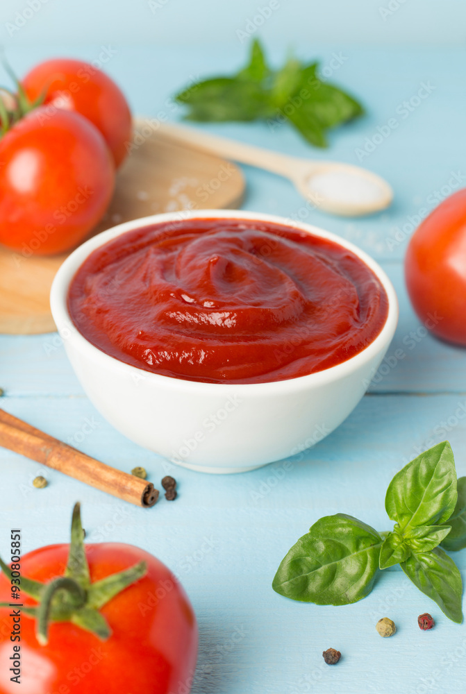 Delicious ketchup with spices and tomatoes on wooden table
