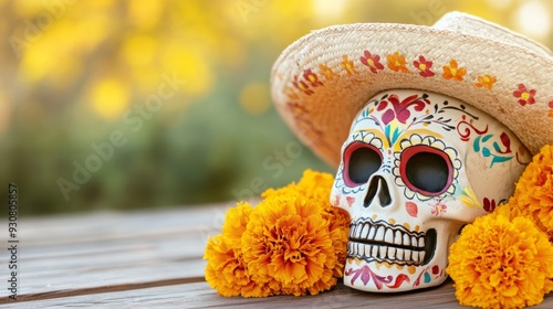 A skull with a flower garland and a straw hat on top of it