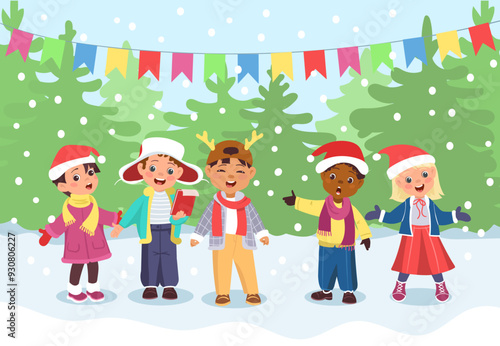 Kids Christmas choir. Boys and girls singing holiday songs. Young vocalists in New Year costumes. Musicians at stage. Celebrating melody. Music performance. Splendid vector concept