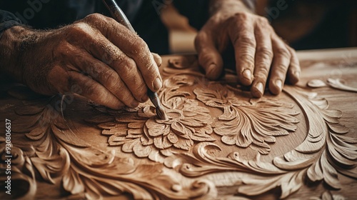 A close-up of an engraver's hands skillfully carving intricate designs into a wooden surface, showcasing fine details and textures photo