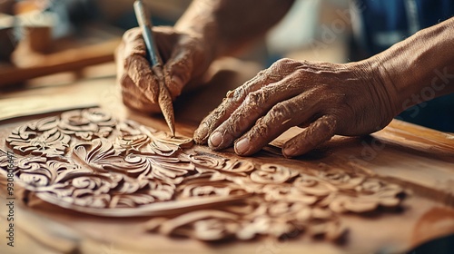 A close-up of an engraver's hands skillfully carving intricate designs into a wooden surface, showcasing fine details and textures