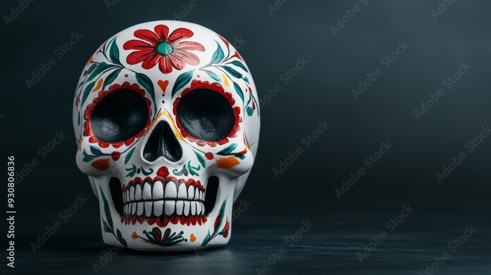 A skull with red flowers painted on it A skull with red flowers painted on it