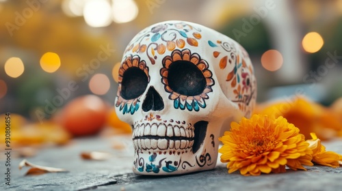 A skull with flowers on it is on a table