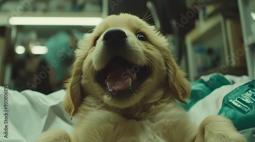 Adorable Labrador Puppy as a Doctor with Stethoscope, White Coat, Insurance Concept photo