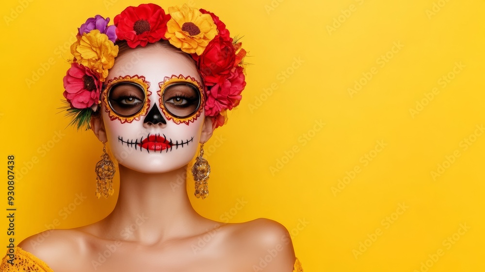 A woman with a flower headdress and a skull mask A woman with a flower headdress and a skull mask
