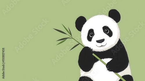 Cute Panda Bear Holding Bamboo Shoot on Green Background