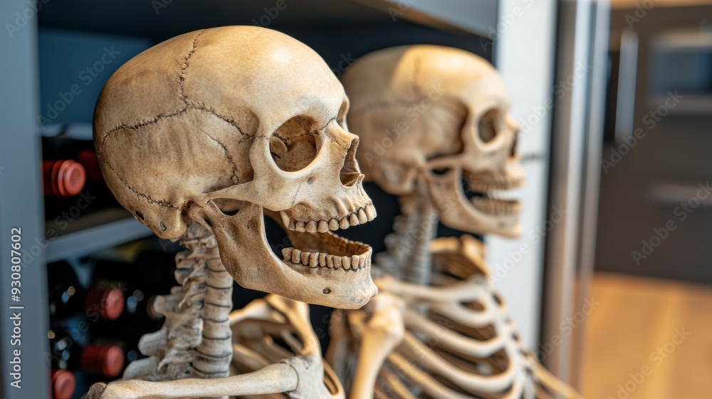 Two skeletons are sitting next to each other on a table Two skeletons are sitting next to each other on a table