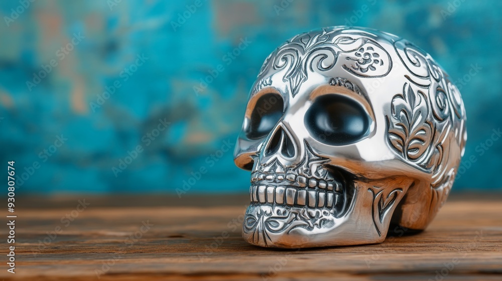 A silver skull is sitting on a wooden table A silver skull is sitting on a wooden table