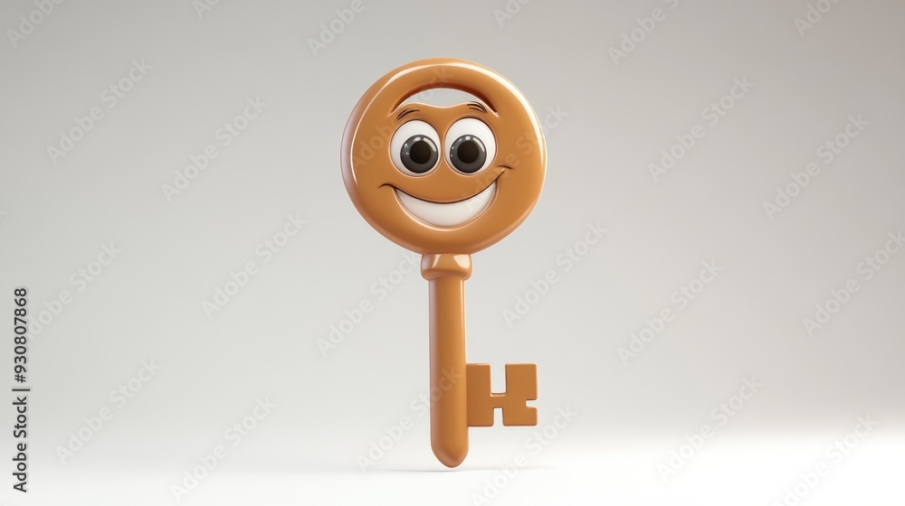 A friendly cartoon key with a joyful face, set against a white background, generative AI 3D style