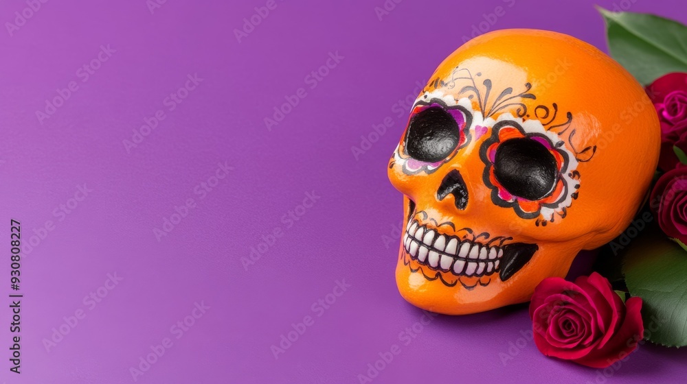 A skull with flowers painted on it is on a purple background A skull with flowers painted on it is on a purple background