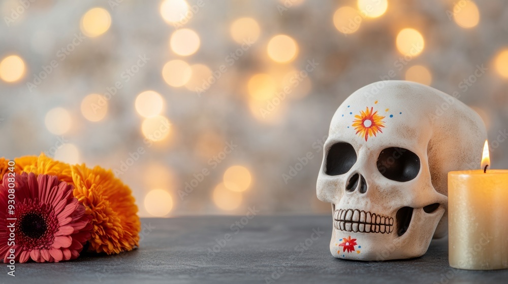 A skull is sitting on a table next to a candle A skull is sitting on a table next to a candle