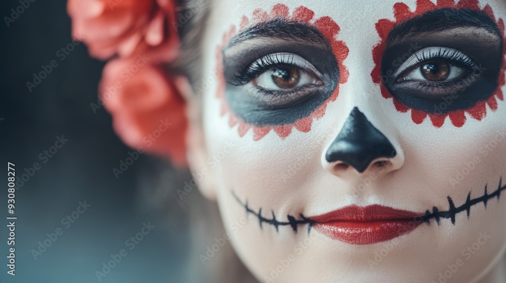A woman with a red flower in her hair and a black and red face paint A woman with a red flower in her hair and a black and red face paint