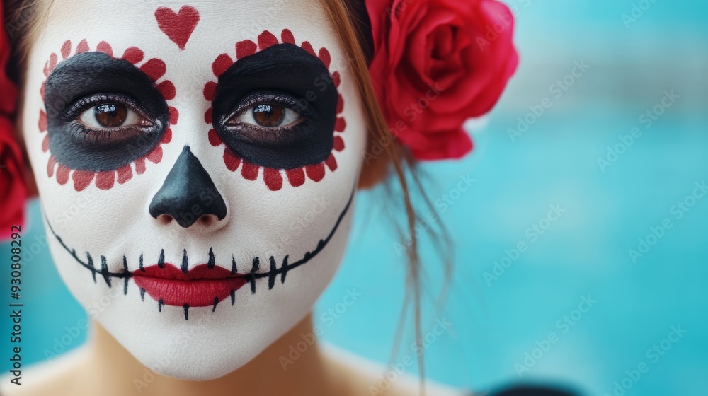 A woman with a skeleton face and red roses on her head A woman with a skeleton face and red roses on her head