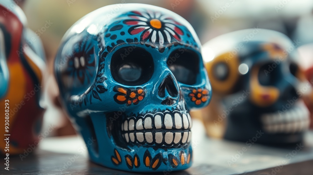 A blue skull with flowers painted on it sits on a table A blue skull with flowers painted on it sits on a table