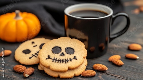 A black coffee mug with a skull on it sits on a wooden table