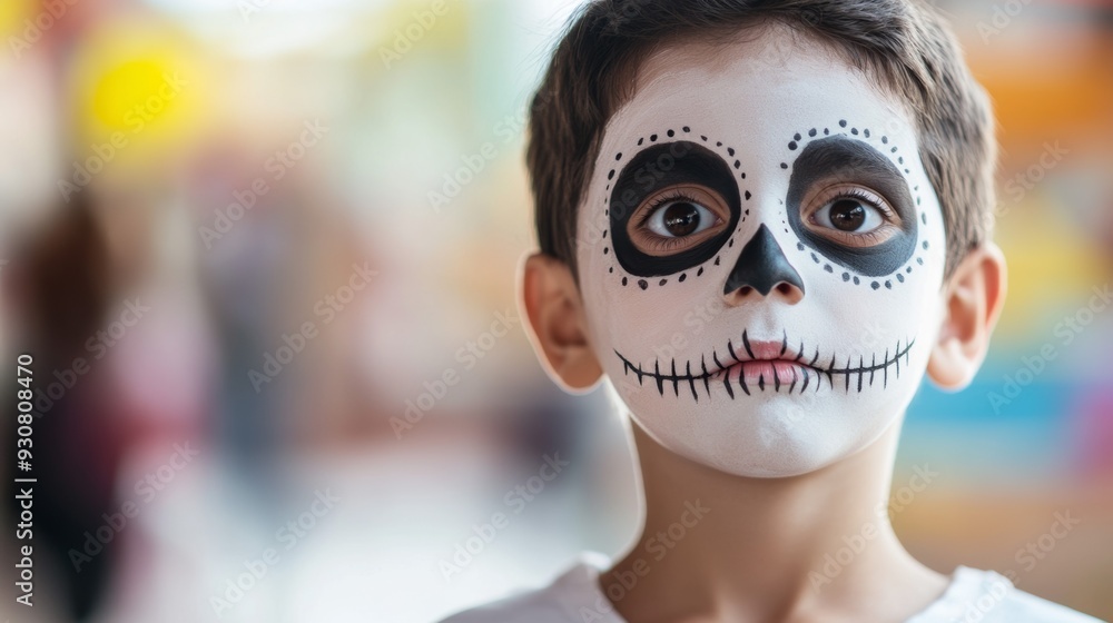 A boy with a white shirt and a black and white face paint of a skeleton A boy with a white shirt and a black and white face paint of a skeleton