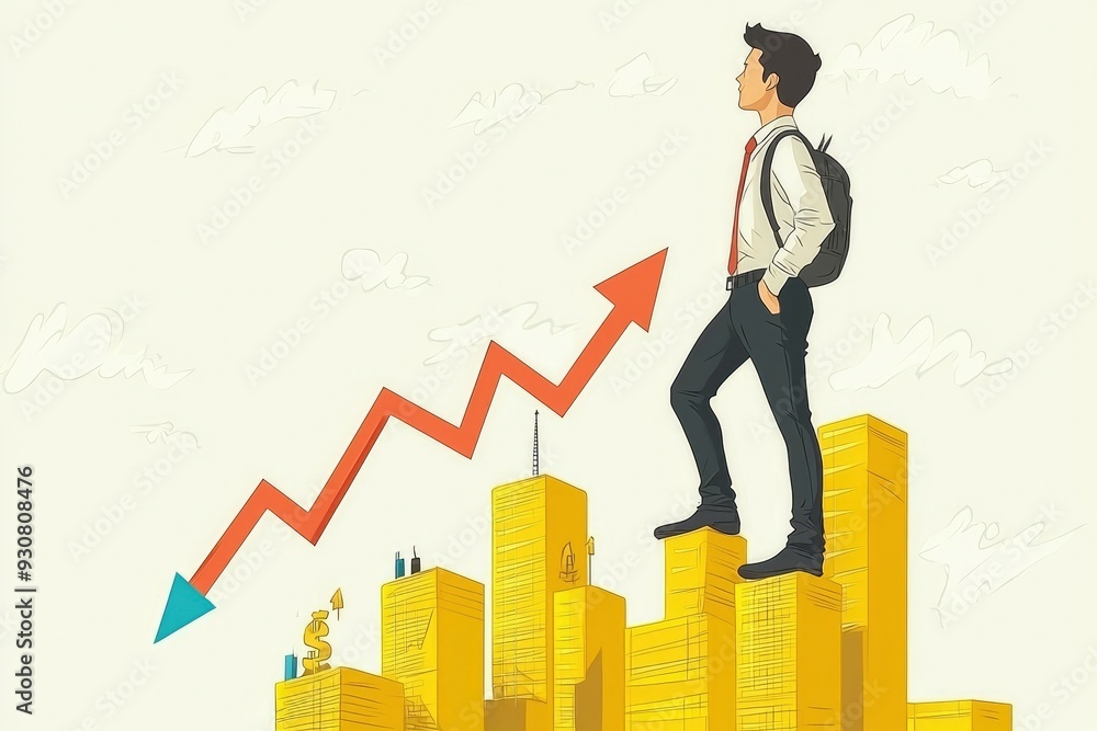 Businessman standing on top of skyscrapers with a growth chart Businessman standing on top of skyscrapers with a growth chart