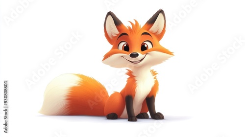 Adorable cartoon fox with a joyful smile and bushy tail, sitting on a white background, cartoon animation style