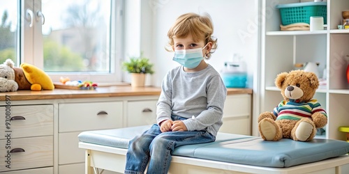 Young child wearing a protective face mask sitting on an exam table in a pediatrician's office, surrounded by medical equipment and toys. photo