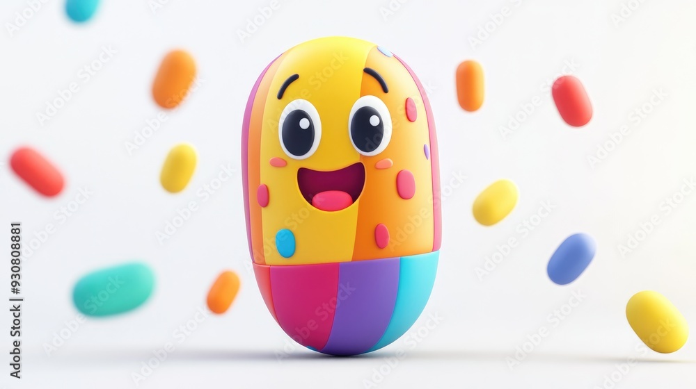 Fototapeta premium Adorable cartoon pill with colorful designs and a cheerful expression on a white background, 3D animation style