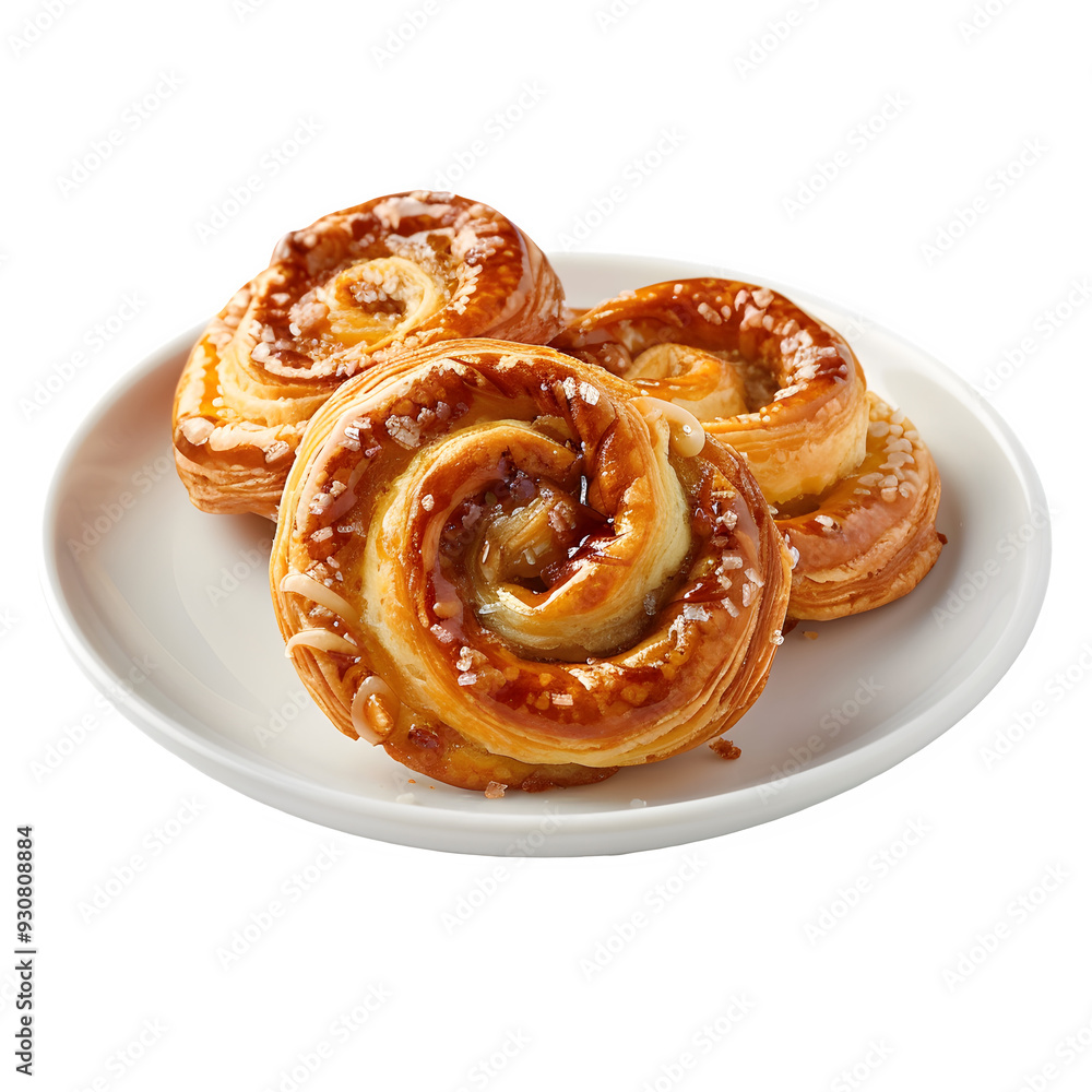 Three golden-brown danish pastries with a glossy finish arranged on a white plate, isolated on a transparent background for easy integration Three golden-brown danish pastries with a glossy finish arranged on a white plate, isolated on a transparent background for easy integration