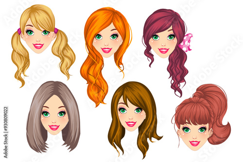 Set of Hairs Vector Illustrations, Realistic & Detailed Designs for Curly, Straight, Wavy, Braided hair.