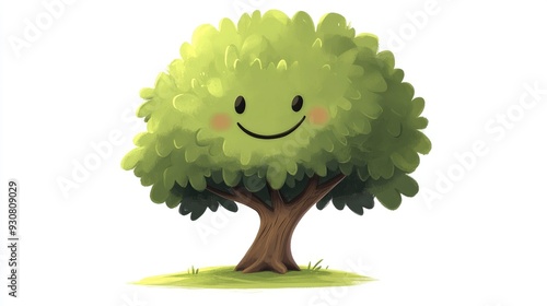 Adorable cartoon tree with a round canopy, bright smile, and playful branches on a clean white background, generative AI style photo