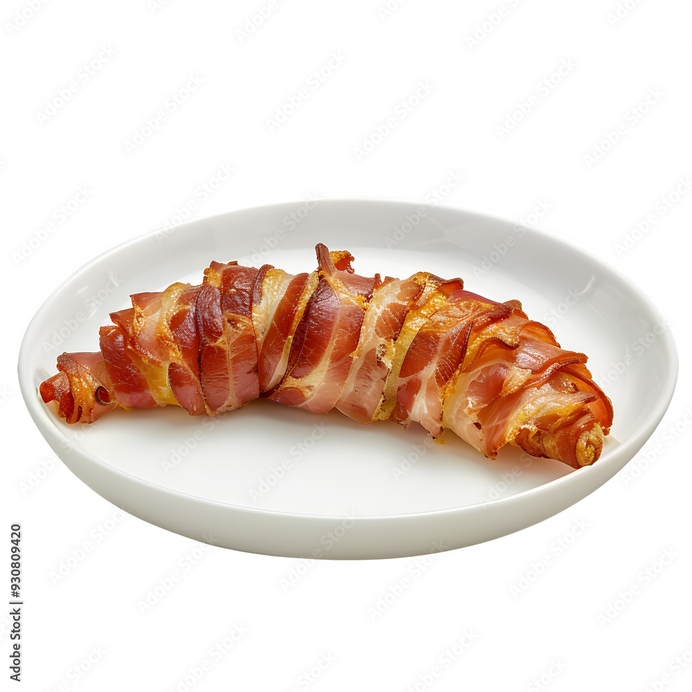 Delicious danish treat with bacon wrapped around it, beautifully displayed on a clean white plate against a see-through background Delicious danish treat with bacon wrapped around it, beautifully displayed on a clean white plate against a see-through background