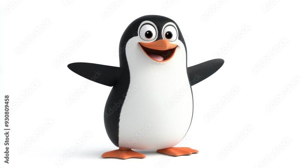 Obraz premium Cartoon-style 3D penguin with a cute pose and happy expression on a white background