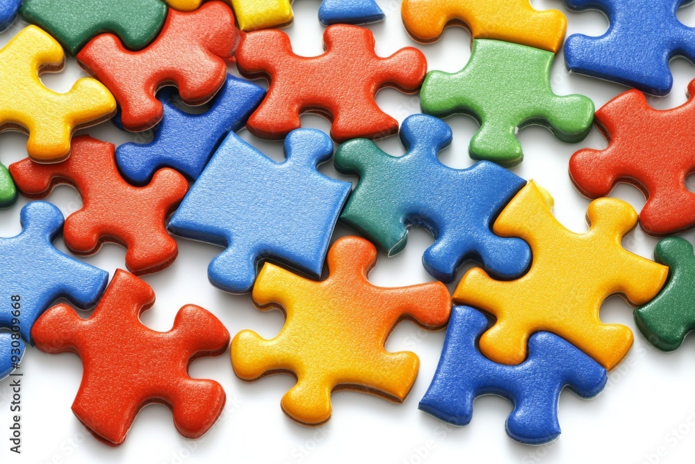 Complex jigsaw puzzle pieces in primary colors illustrating problem solving and teamwork Complex jigsaw puzzle pieces in primary colors illustrating problem solving and teamwork