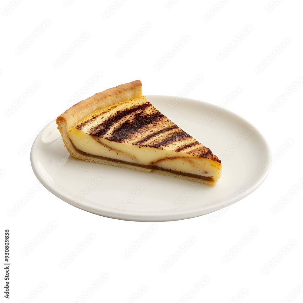 Slice of danish custard tart with a chocolate dusting, presented on a white plate with a transparent background, showcasing its delicious texture Slice of danish custard tart with a chocolate dusting, presented on a white plate with a transparent background, showcasing its delicious texture