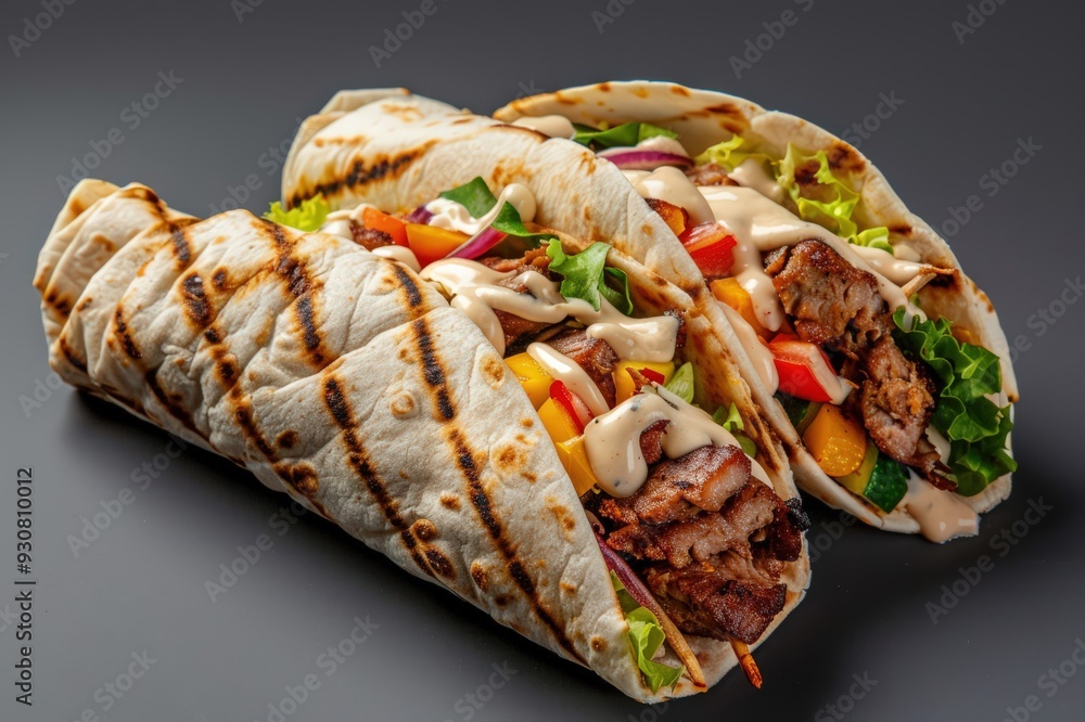 Doner kebab - grilled meat and vegetables in pita bread. Beautiful simple AI generated image Doner kebab - grilled meat and vegetables in pita bread. Beautiful simple AI generated image
