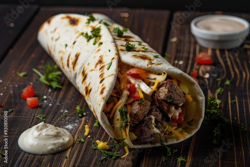 Doner kebab - grilled meat and vegetables in pita bread. Beautiful simple AI generated image photo