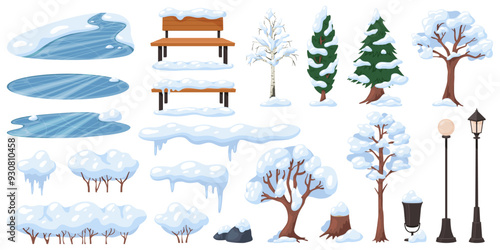 Cartoon winter nature elements. Snowy trees and bushes. Water lake ice. Lanterns and benches with snowdrifts. City parks. Snow with icicles. Frozen pond and puddles. Recent vector set